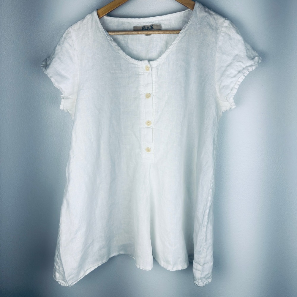 Flax White 100% Linen Short Sleeve Henley Blouse Top Size Small